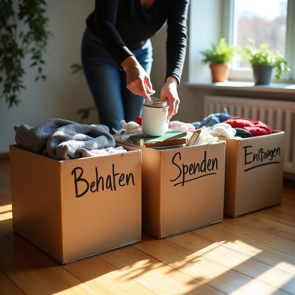 Drei beschriftete Kartons auf dem Boden: Behalten, Spenden, Entsorgen