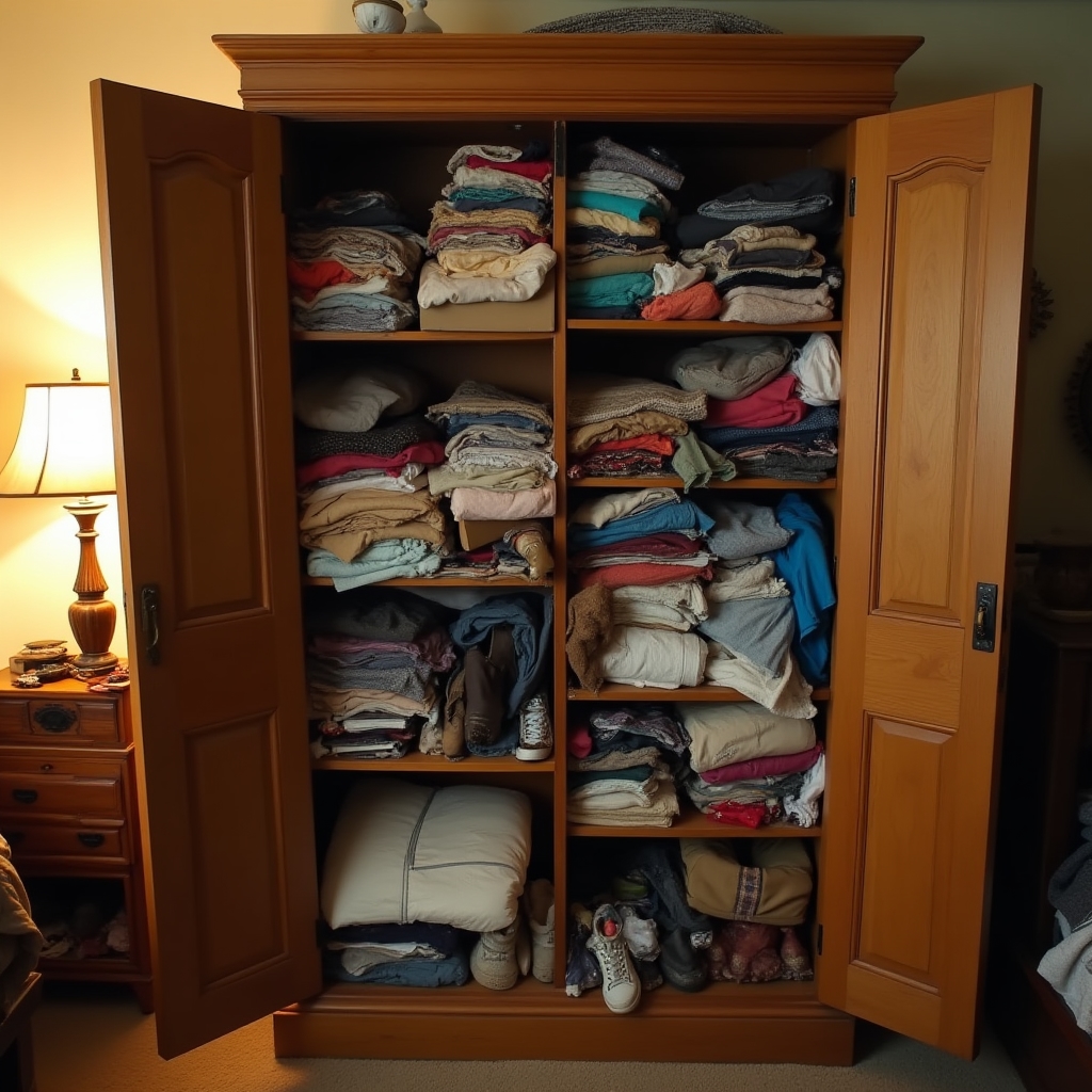 Überfüllter Schrank vor der Entrümplung
